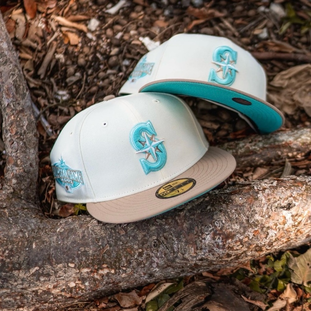 Seattle Mariners Off White Khaki Mint UV 2001 ASG SneakerTown Fitted Hat